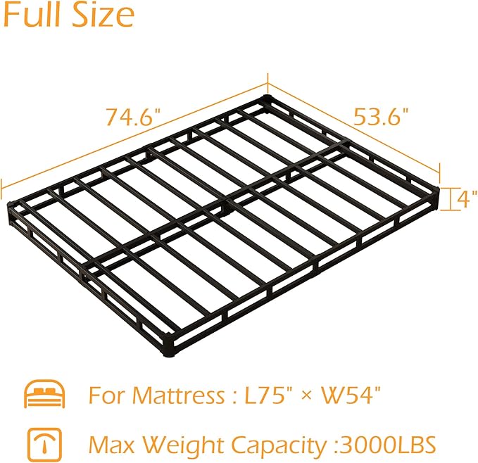 Box Spring Full Size Bed 4 Inch Low Profile, Heavy Duty Metal Box Spring Bed Base with Fabric Cover, Mattress Foundation, Easy Assembly, Noise Free, Black