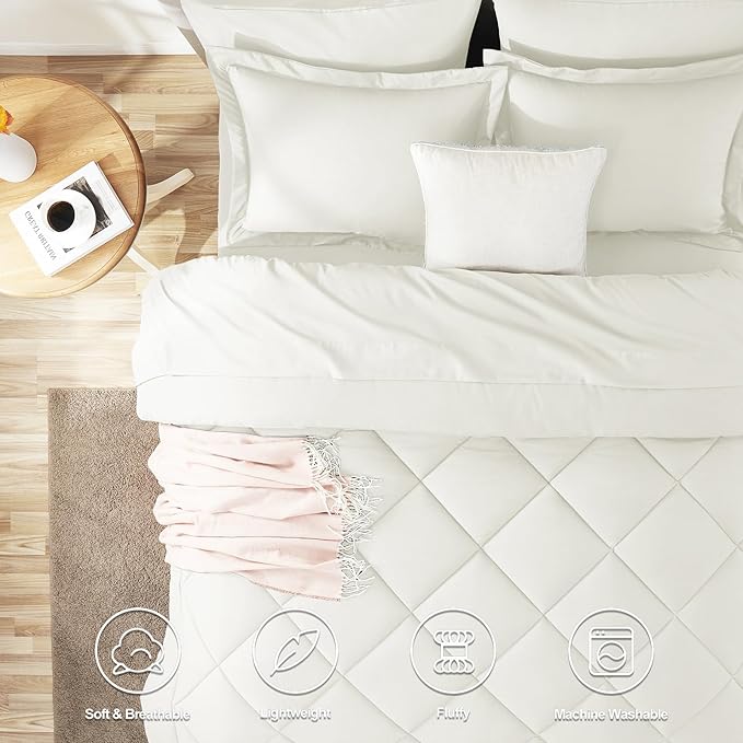 CozyLux Full Size Comforter Sets Ivory - 7 Pieces Bed in a Bag Full, Luxury Soft Bed Set for All Seasons, Bedding Set with Down Alternative Comforter, Sheets, Pillowcases & Shams