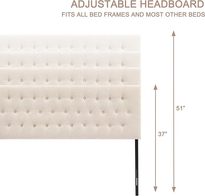 Tufted Upholstered Headboard Full Size, Solid Wood Head Board with Durable Metal Legs, Adjustable Height Full XL headboard from 37” to 51” Fabric Headboard in Modern Button Design, Beige