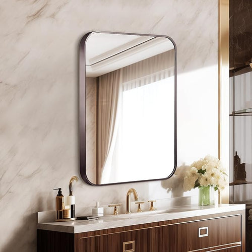 24"x36" Brushed Titanium Metal Framed Rounded Rectangle Mirror, Dark Grayish Brown Wall Mounted Mirrors for Bathroom Entryway Vanity Living Room Bedroom, Vertical or Horizontal