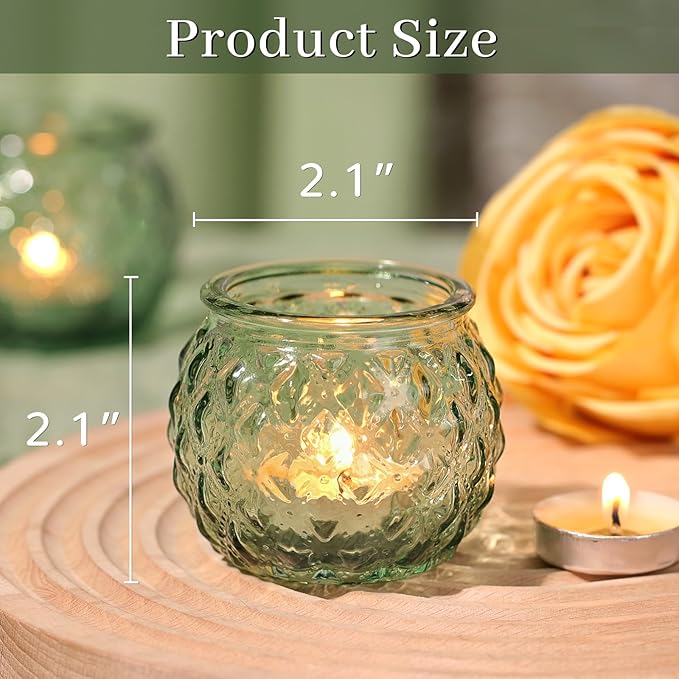 DARJEN Green Votive Candle Holders Set of 24- Round Glass Candle Holders Bulk for Flameless LED Tea Waxes, Candle Holder for Wedding Shower & Home Table Decor, Various Parties