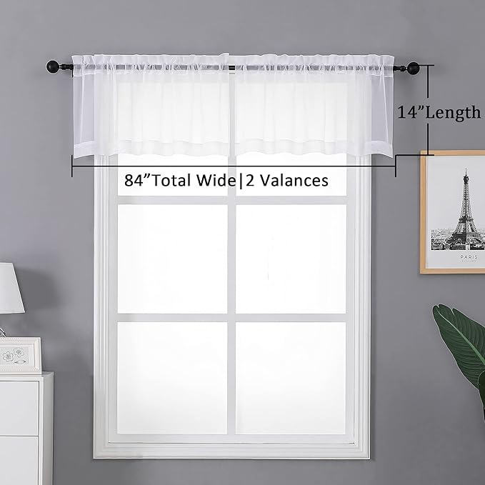Chyhomenyc Sheer White Valances for Windows 2 Pack, Small Window Curtains for Living Room Bathroom Cafe Laundry Basement, Modern Top Dual Rod Pocket Voile Curtain, 42W x 14L inches, White