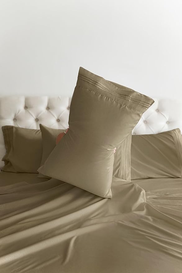 Full 6 Piece Sheet Set - Comfy Breathable & Cooling - Ultra Soft Hotel Luxury Bedding Set with 8-16 Inch Deep Pockets - 1 Flat & 1 Fitted Sheet & 4 Pillowcases - Cozy, Wrinkle Free & Easy Care - Khaki