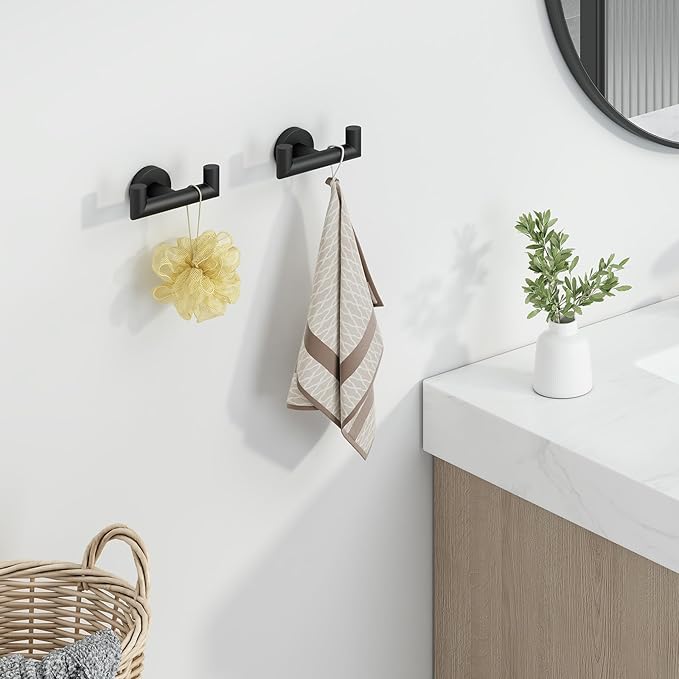 Angle Simple Double Towel Hook Matte Black 2 PCS, Stainless Steel Bathroom Robe Hook, Hand Towel Holder for Wall