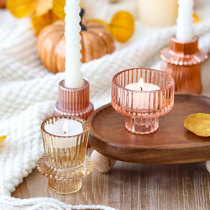 Pink Candlestick Holders 12PCS Ribbed Glass Taper Candle Holders Set for Tealight Candlestick Candles, Table Centerpieces for Weddings Christmas Home Decor Indoor and Outdoor