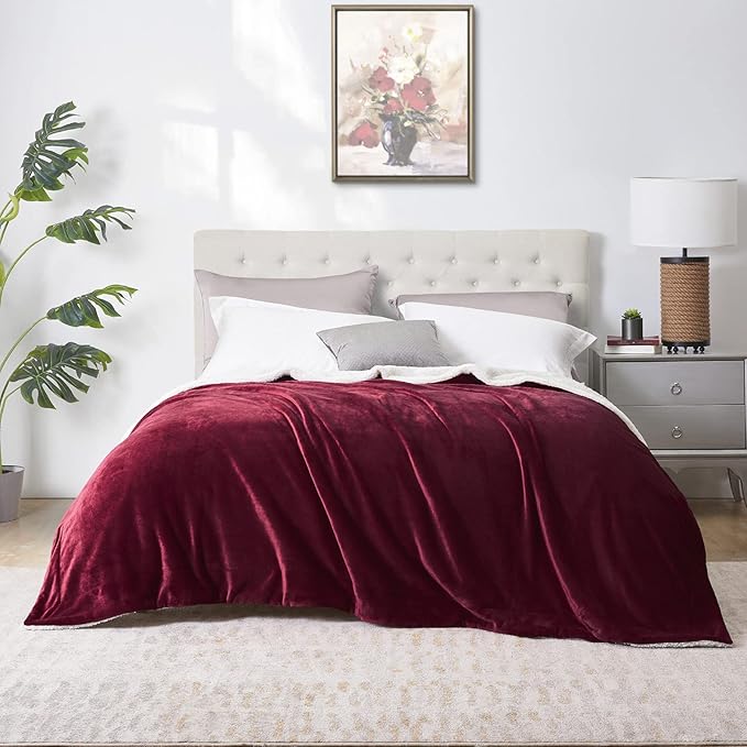 Walensee Sherpa Fleece Blanket (King Size 108”x90” Burgundy) Plush Throw Fuzzy Super Soft Reversible Microfiber Flannel Blankets for Couch, Bed, Sofa Ultra Luxurious Warm and Cozy for All Seasons