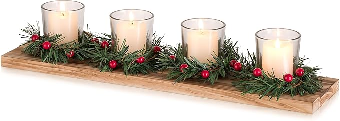 Christmas Candle Holder for Table Centrepiece Decoration: Romadedi Rustic 4 Tealight Holders with Mini Christmas Wreaths Wooden Tray for Xmas Winter Dinner Table Home Decor Gift 16.5 Inches