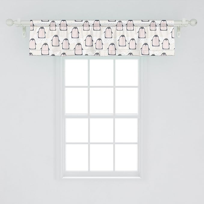 Ambesonne Penguin Window Valance Pack of 2, Pastel Colored Style Cartoon Animals from Antarctica Crowns on a Dotted Background, Rod Pocket Curtain Valances for Kitchen Bedroom, 42" X 12", Grey Pink