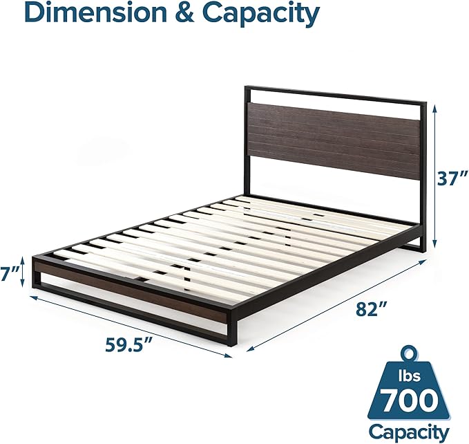 ZINUS Suzanne Bamboo and Metal Platform Bed Frame, 7-Inch Low Profile, Solid Steel Construction, No Box Spring Needed, Wood Slat Support, Easy Assembly, Grey Wash, Queen