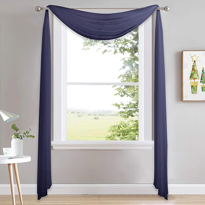 NICETOWN Scarf Sheer Curtain 216 Length - Window Topper Valance Voile Panel Classic for Sons/Boys/Seniors Room (60 Wide by 216 Long inches, 1 Piece, Dark Blue)