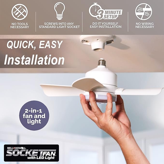 Bell+Howell Socket Breeze Modern Ceiling Fans with LED Lights, 10" LED E26/E27 Screw Base Mini Light Socket Fan with Cord for Bedroom, Living Room, Kitchen, Balcony