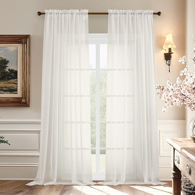 Aiyufeng Voile Sheer Ivory Curtains - Transparent Light Weight Soft Window Treatment Curtain Panels with Rod Pocket Top for Patio Door/Living Room (W59 x L96, 2 Panels), Ivory
