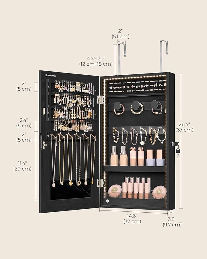 SONGMICS Mirror Jewelry Cabinet Armoire with Built-in LED Lights, Wall or Door Mounted Jewelry Storage Organizer, 3.8 x 14.6 x 26.4 Inches Hanging Mirror Cabinet, Gift Idea, Black UJJC050B01