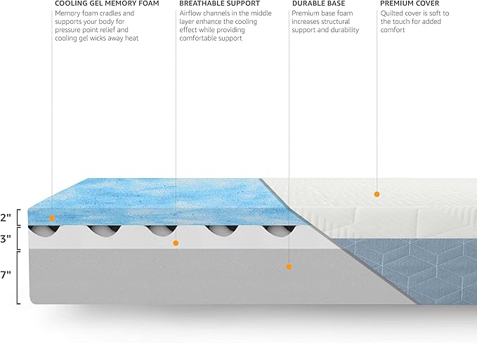 Amazon Basics Gel Memory Foam Mattress, Firm, Cooling, California King Mattress, CertiPUR-US® Certified Foam, 84 x 72 x 12 inches, White/Gray