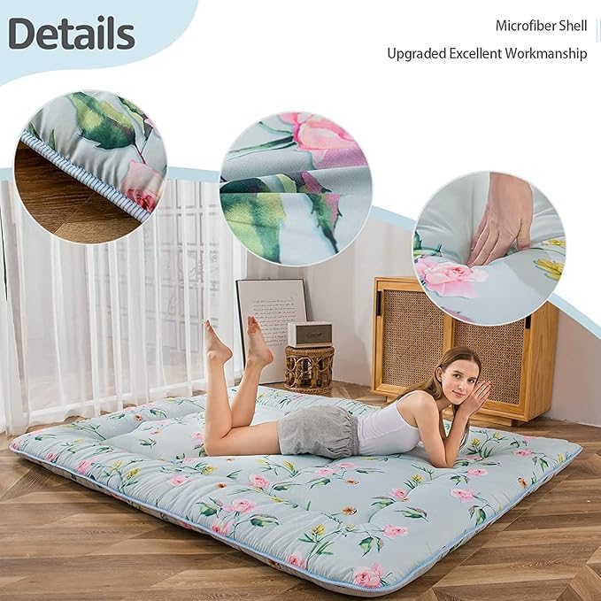 MAXYOYO Japanese Futon Mattress Floor Mattress Sleeping Pad Foldable Bed Roll Up Camping Cushion Floor Lounger Bed Couches and Sofas Couch Topper, Green Floral, Queen Size