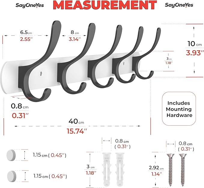 White and Black Coat Rack Wall Mounted - 16 Inch Heavy Duty Stainless Steel Matte Finish Wall Hook Rack - 5 Double Coat Hooks for Hanging Towels, Bags, Hat - Bathroom Entryway - 2 Pack