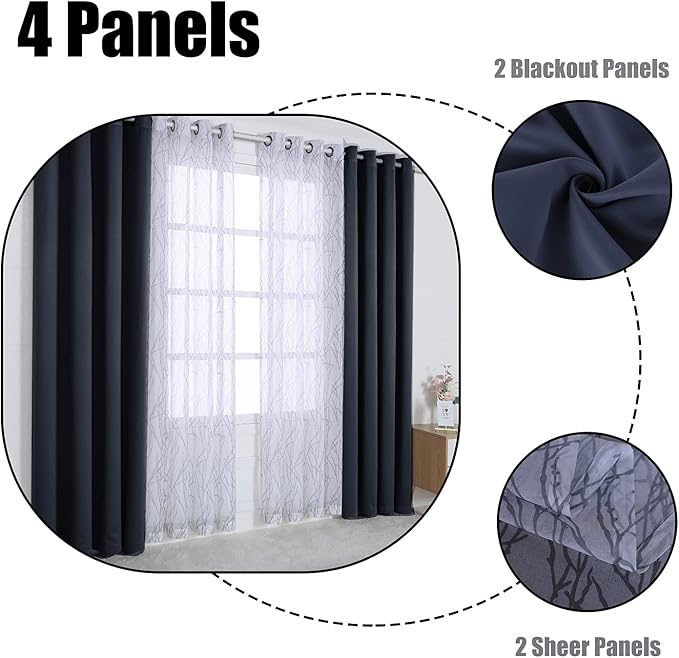 BONZER Mix and Match Curtains - 2 Pieces Branch Print Sheer Curtains and 2 Pieces Blackout Curtains for Bedroom Living Room Grommet Window Drapes, 37x95 Inch/Panel, Grey Dark, Set of 4 Panels