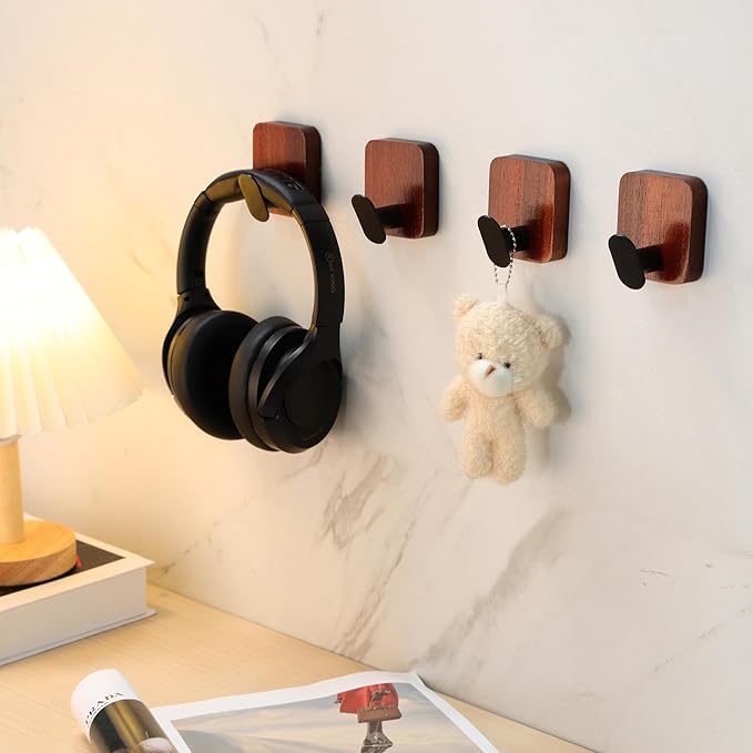 DELITON Acacia Wooden Towel Hooks Red Brown, 4 Pack Sticky Hooks for Hanging Towels, Coat, Hat, Robe, Heavy Duty, No Damage