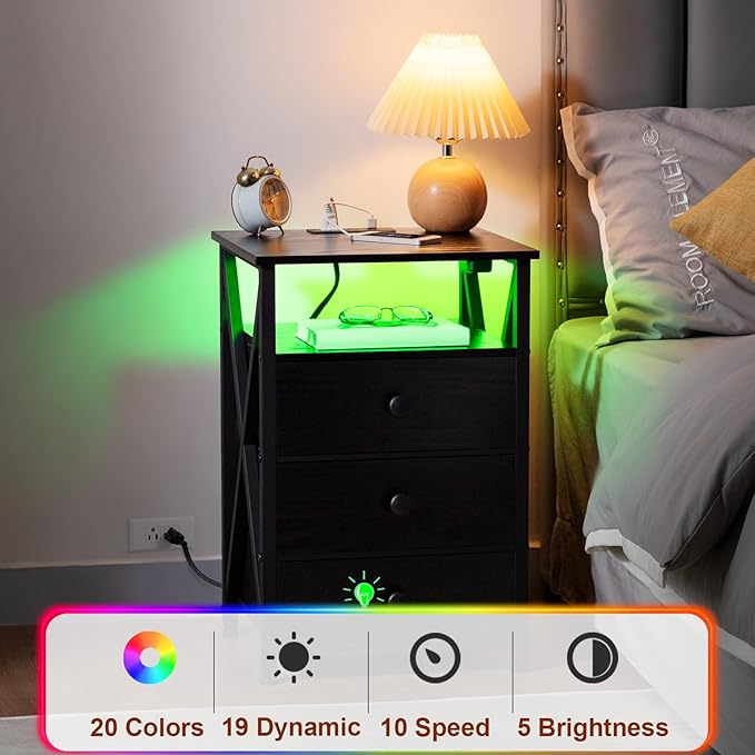 AMHANCIBLE LED Nightstand with Charging Station, Smart End Side Table with USB Port & Power Outlet, Bedside Table with Fabric Drawers for Bedroom, Living Room, Black, HET053LBK1