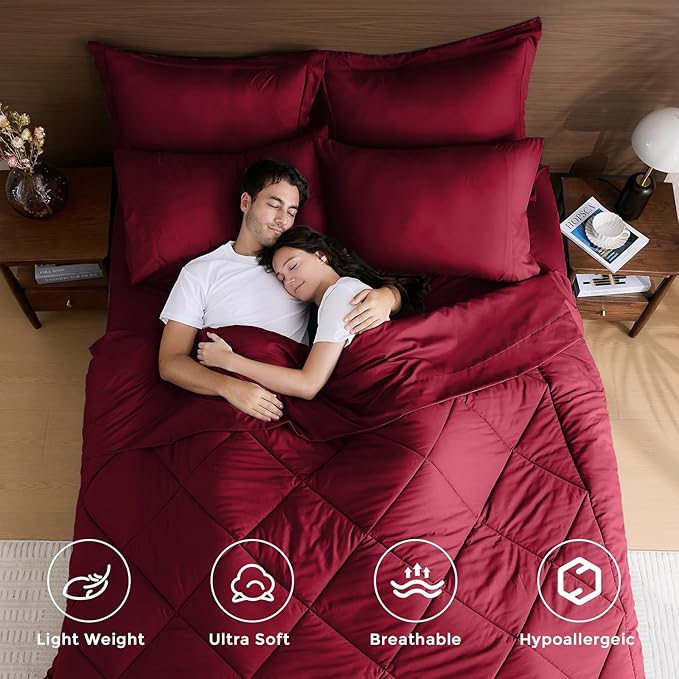 HEVUMYI Red Cali-King Comforter Set - 7-Piece All Season Bed in a Bag Cali-King, Ultra Soft Bedding Set with Comforter, Flat Sheet, Fitted Sheet, Pillowcases, Pillow Shams