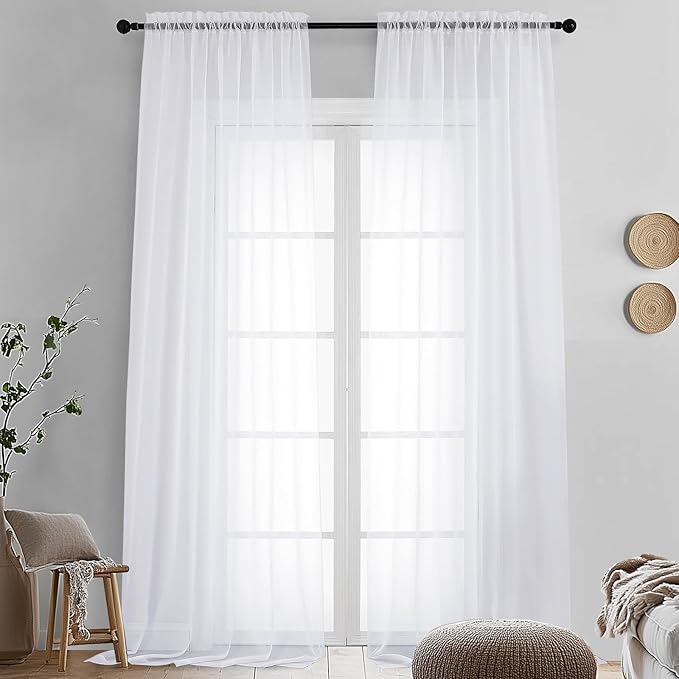 OVZME Sheer White Curtains 108" Inch Length 2 Panels Set, Light Filtering Soft Rod Pocket Voile White Drapes for Living Room/Bedroom, Each 42" W x 108" L