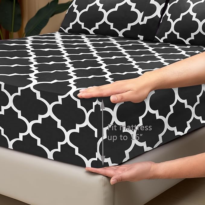 Mejoroom King Bed Sheet Set - Super Soft Brushed Microfiber 1800 Thread Count Sheets with 15 inch Deep Pocket - Wrinkle Free - 4 Piece(King, Black Quatrefoil with White Pattern)