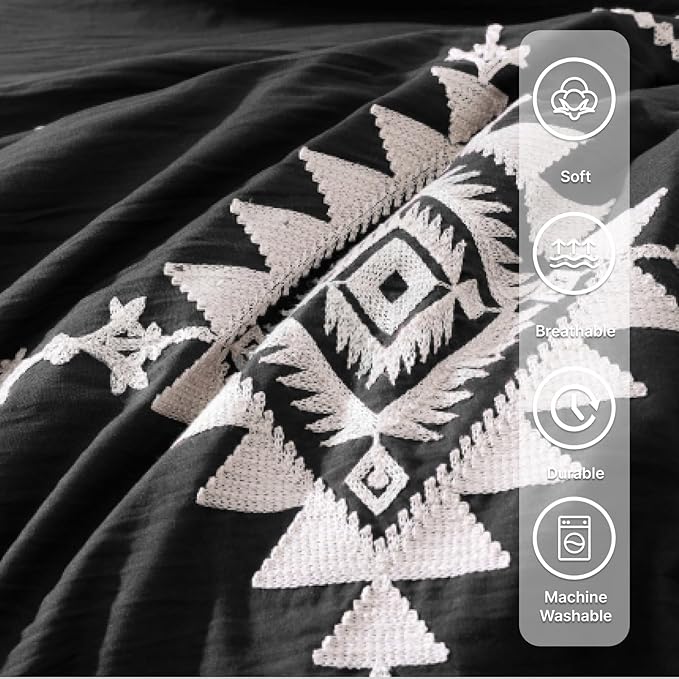 MaiRêve Oversized Queen Comforter Set Charcoal Black, Embroidery Western Bedding Set Boho 7 Pieces, Farmhouse All-Season Bed in A Bag with Sheets, Pillowcases & Shams