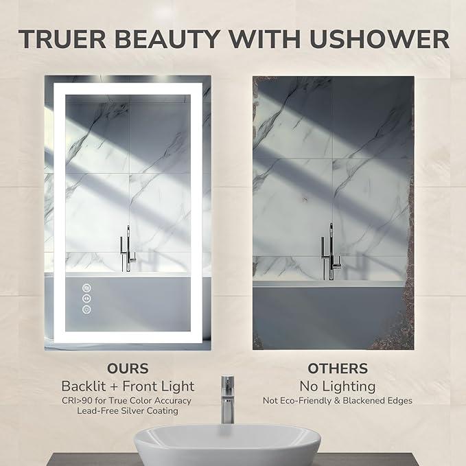 USHOWER LED Bathroom Mirror 40x24 Inch with Lights - Frameless Tempered Glass LED Backlit Lighted Mirror for Bathroom Vanity with Anti-Fog, 3 Colors Dimmable, Memory Function, Wall-Mounted