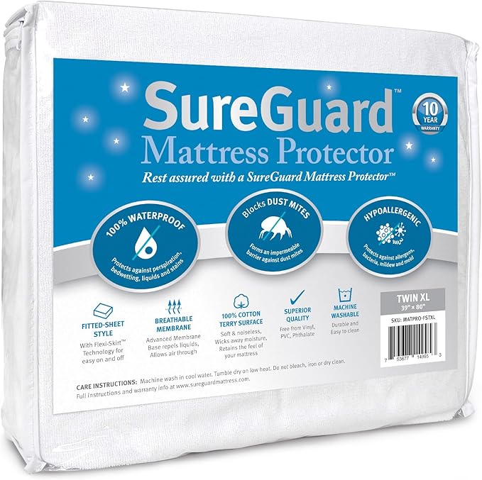 SureGuard Twin Extra Long (XL) Mattress Protector - 100% Waterproof, Hypoallergenic - Premium Fitted Cotton Terry Cover White