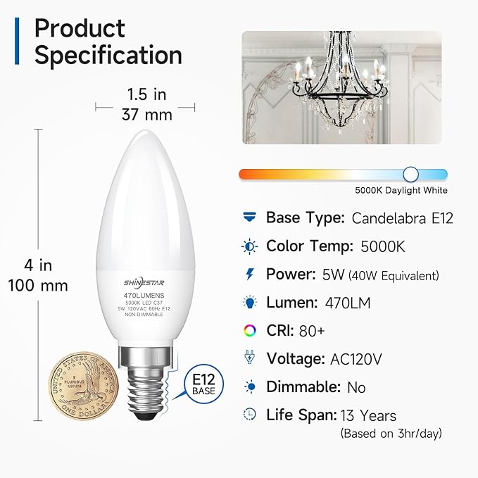 SHINESTAR 12-Pack E12 LED Candelabra Light Bulbs 40 Watt Equivalent, 5000K Daylight, Chandelier Bulb, 6W B11 Candle Small Base Ceiling Fan Light Bulbs, Non-Dimmable,12 Count (Pack of 1)