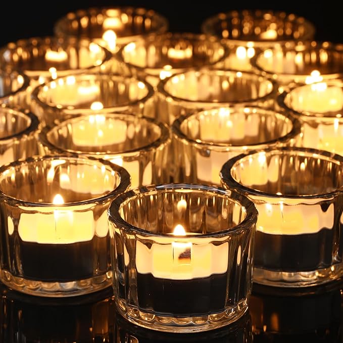 Mumufy 100 Pack Glass Tealight Candle Holder Ribbed Votive Candle Holder for Centerpiece Wedding Proposal Spa Aromatherapy Meditation Home Decor(Clear)
