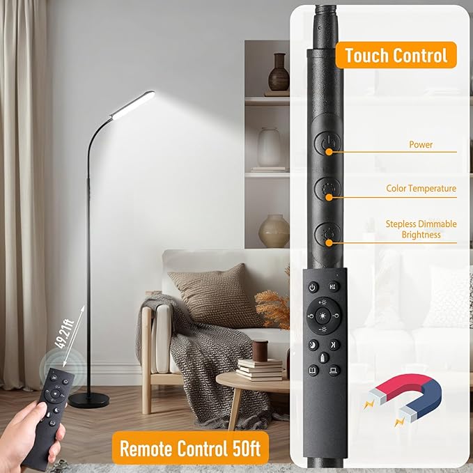 Floor Lamp, 18W 1800LM Super Bright LED Floor Lamp with Remote & Works with Smart Plug, Dimmable Timing Eye Caring Reading Lamps Floor Standing for Living Room Bedroom Office