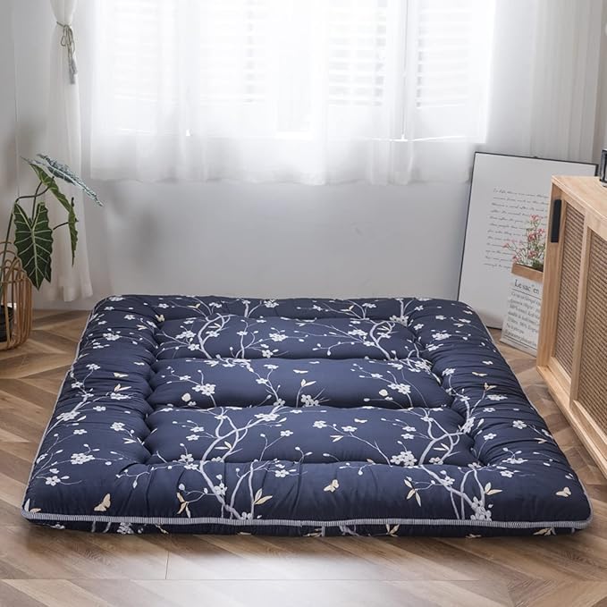 MAXYOYO Japanese Futon Mattress Floor Mattress Sleeping Pad Foldable Bed Roll Up Camping Cushion Floor Lounger Bed Couches and Sofas Couch Topper, Navy Floral, Full Size