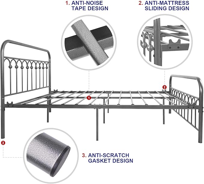 TUSEER Metal Bed Frame Queen Size with Vintage Headboard and Footboard Platform Base Wrought Iron Bed Frame Gray Silver (Queen, Gray Silver).