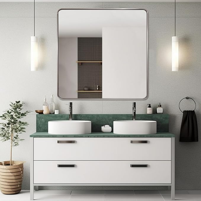 ANDY STAR 36x36 Inch Chrome Mirrors for Bathroom, Chrome Square Bathroom Vanity Mirror, Rounded Mirror, Anti-Rust SUS304, Seamless Tube Metal Frame, 1’’ Deep Wall Mounted Vertically/Horizontal