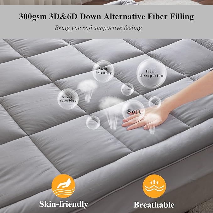 Cooling Mattress Pad Cover, with 100% Cotton Cover and Mesh Shell Underlay, Snow Fiber Filled, Soft, Temperature Regulated, Premium Mattress Protector, Machine Washable (Queen (60x80 inch), Grey)