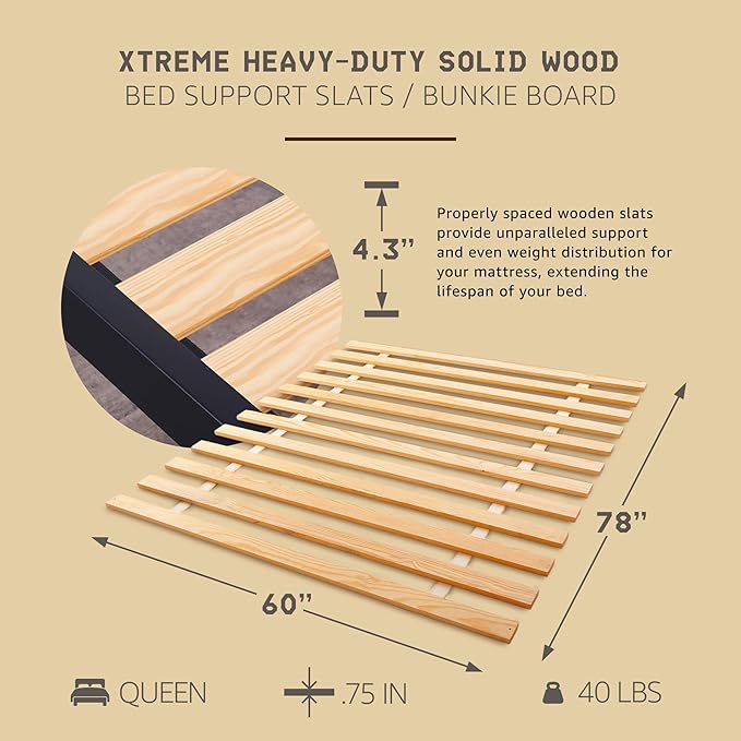 Hercules Bed Support Slats, Heavy-Duty Solid Pine Wood Bunkie Board, Xtreme, Queen Size - Wooden Mattress Frame and Platform - Easy Assembly for Beds