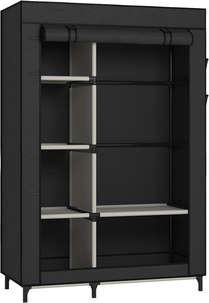 Buzowruil Canvas Wardrobe Portable Closet Wardrobe Clothes Storage with 6 Shelves and Hanging Rail,Non-Woven Fabric, Quick and Easy Assembly,Black