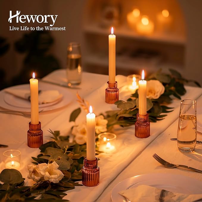 Hewory Glass Taper Candle Holders: 10 PCS Amber Elegant Candle Holder Candlestick Holders Bulk, Ribbed Glass Candle Holder Candle Sticks Holder Decor for Table Centerpiece Fall Thanksgiving Home Decor