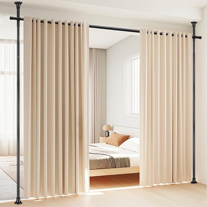 Room Divider, No Drilling Curtain Rod Wall Divider for Space Partition, Adjustable 4-10ft(H) 28-70inch(W) Heavy Duty Floor to Ceiling Tension Rod Dividers Temporary Privacy Separator Window Rods Black