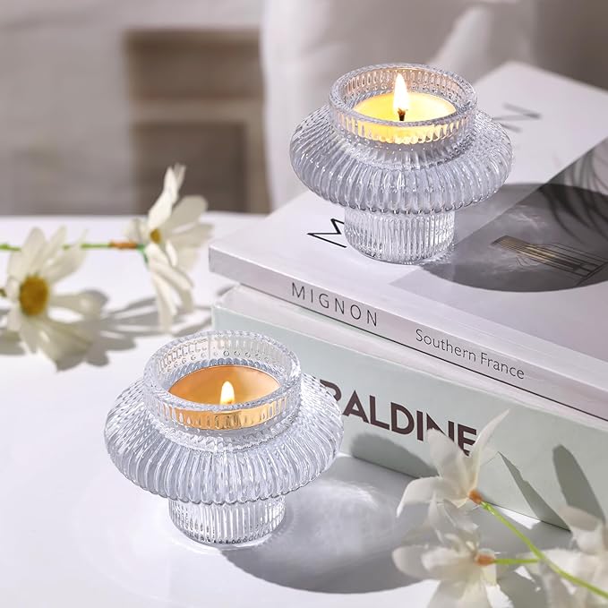 Candle Stick Candle Holder Set of 8, Taper Candle Holders for Wedding Table Centerpiece, Ribbed Glass Votive Candle Holders for Christmas, Romantic Dinner, Festival & Windowsill Decor