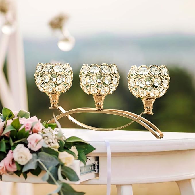 Crystal Tealight Candle Holder Centerpiece Home Decorative Candlestick Holder Elegant Table Centerpiece Home Decor Wedding Party Anniversary (Gold, 3 Arm of 4 Pcs)