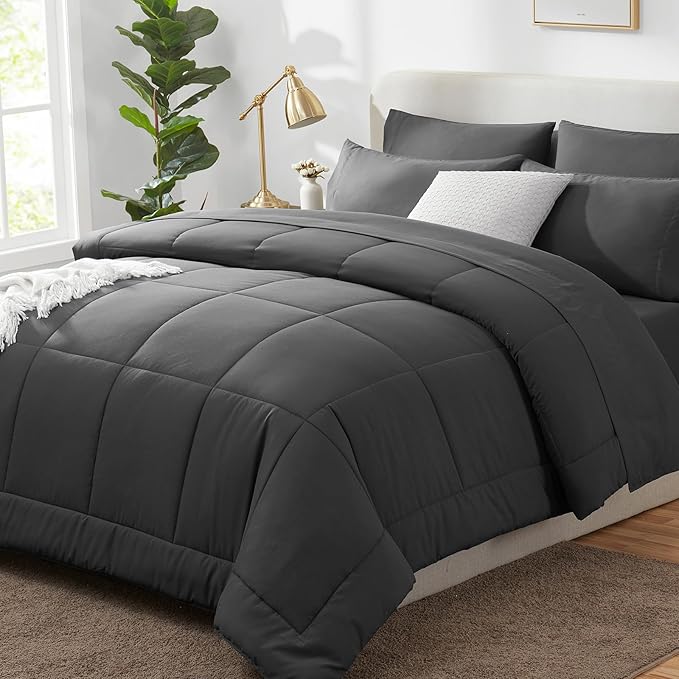 CozyLux Full Size Comforter Sets Dark Grey, 7 Pieces Bed in a Bag, Dark Grey Comforter Full Size, All Season Bedding Sets with Stitch Quilted Comforter, Flat Sheet, Fitted Sheet, Pillowcases