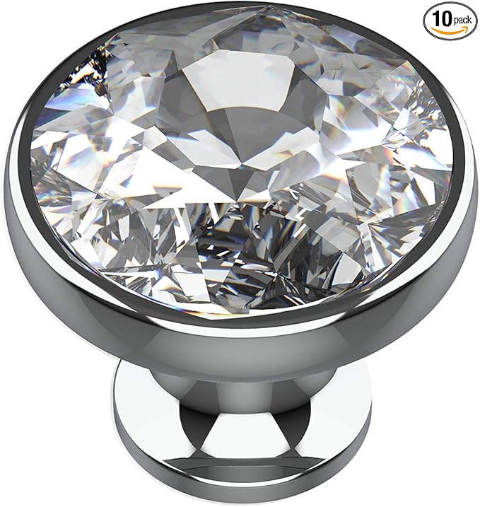 Alzassbg 10 Pack Clear Crystal with Nickel Plated Base Cabinet Knobs, 1-3/8 Inch (35mm) Diameter Cabinet Hardware Round Crystal Knobs for Drawers AL1011