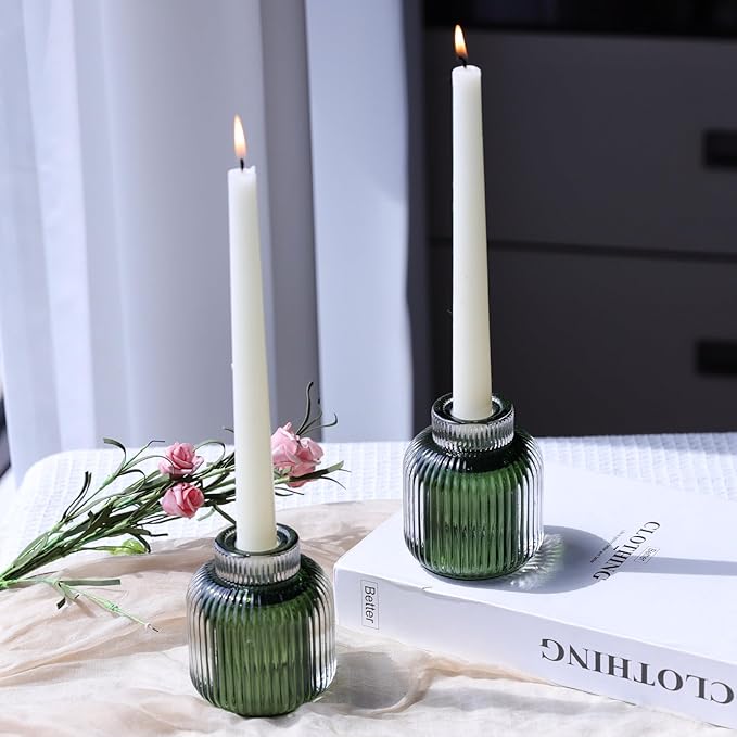 Woho Green Votive Candle Holders Set of 2(3.5" H x 3.1" W), Ribbed Tealight Candle Holder Vintage for Christmas Dinner Table, Reversible Tea Lights Candle Holder Glass for Living Room Home Decor