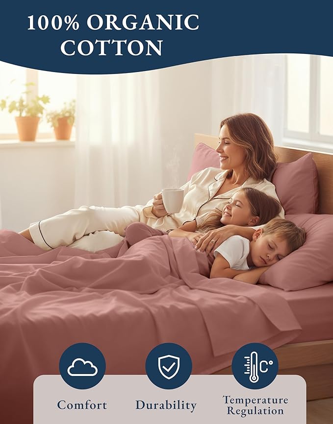 LANE LINEN 100% Organic Cotton Fully Elasticized King Sheet Set, Low Pilling Fade Resistant Machine Washable Naturally Cooling King Bedding Set, Mercerized Soft & Comfy Cotton Sheets – Rose Dawn