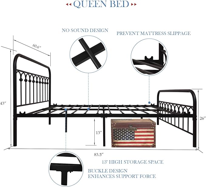 YALAXON Vintage Sturdy Queen Size Metal Bed Frame Basic with Headboard and Footboard,No Box Spring Needed,Under Bed Storage (Queen,Black)