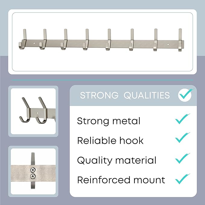 Coat Rack Wall Mount – Brushed Nickel 24 Inch Stainless Steel Hook Rail with 8 Heavy Duty Double Coat Hooks – Wall Mounted Coat Hanger for Entryway, Bathroom, Bedroom, Towel, Hat Organizer