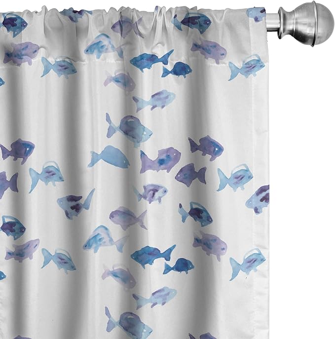 Ambesonne Animal Window Curtains Pack of 2, Little Fishes Watercolors Ocean Underwater Life Marine Theme Art, Lightweight Set with Rod Pocket, 4 Panels of - 28" x 84", Blue