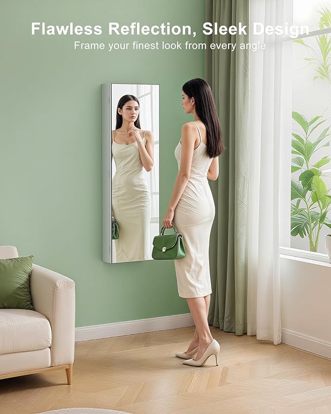 Nicetree Mirror Jewelry Cabinet, Jewelry Armoire with Full Length Mirror,Mirror with Jewelry Storage Wall/Door Mounted, Lockable Jewelry Armoire Organizer,White